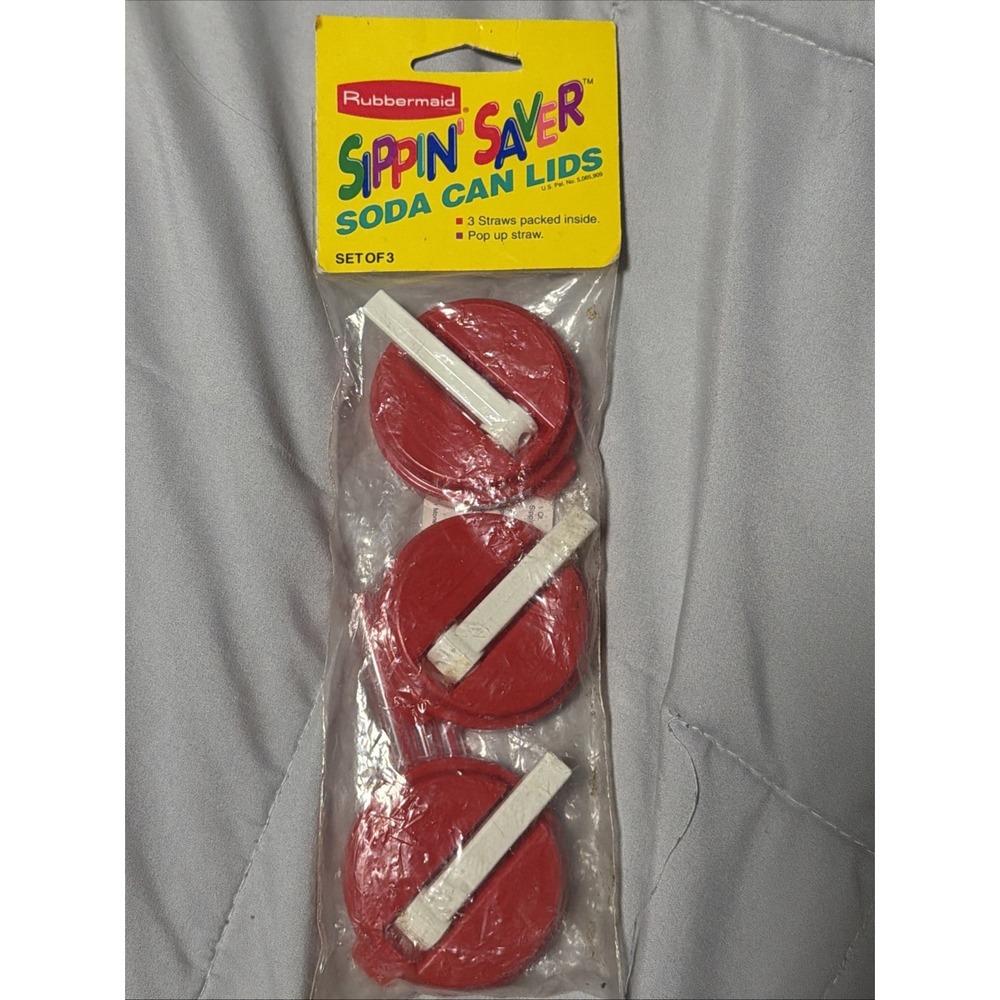 1990s Rubbermaid Sippin' Saver Soda Can Lids 3 Pack Red Pop Up w/Straws Vintage